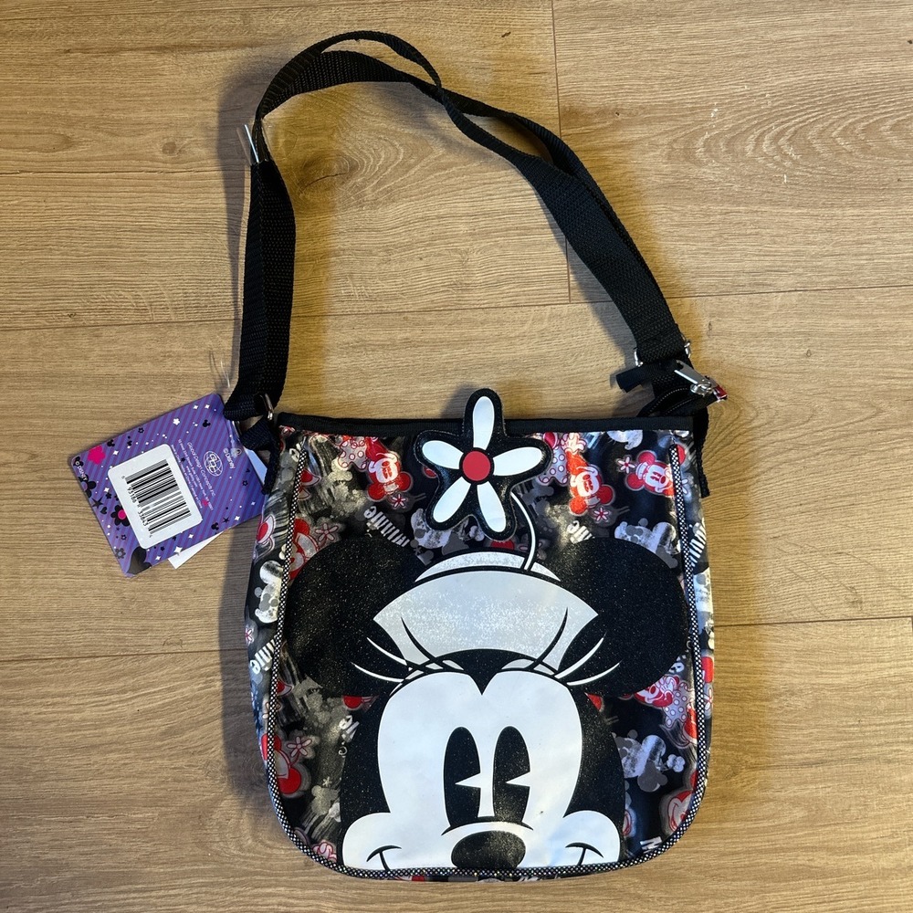 Disney Minnie Mouse Crossbody Bag Black Red White Glitter 3D Flower NWT